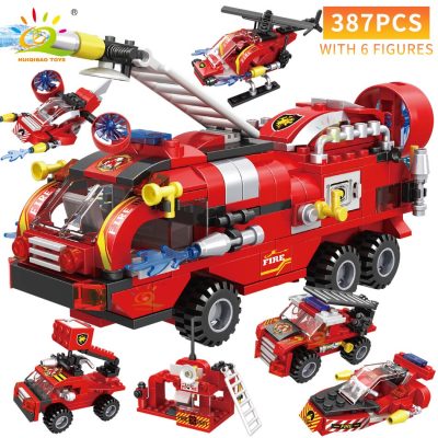 HUIQIBAO 387pcs 6in1 Fire Fighting Trucks Building Blocks City Rescue Helicopter Bricks 6 Fireman Toys For 1 - LEPIN LEPIN Shop