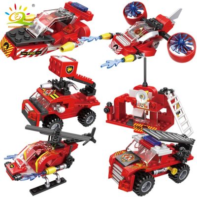 HUIQIBAO 387pcs 6in1 Fire Fighting Trucks Building Blocks City Rescue Helicopter Bricks 6 Fireman Toys For 3 - LEPIN LEPIN Shop