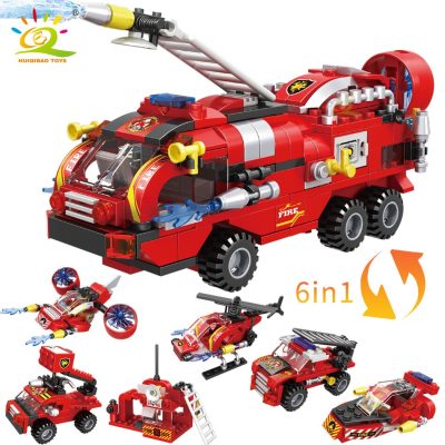 HUIQIBAO 387pcs 6in1 Fire Fighting Trucks Building Blocks City Rescue Helicopter Bricks 6 Fireman Toys For 5 - LEPIN LEPIN Shop